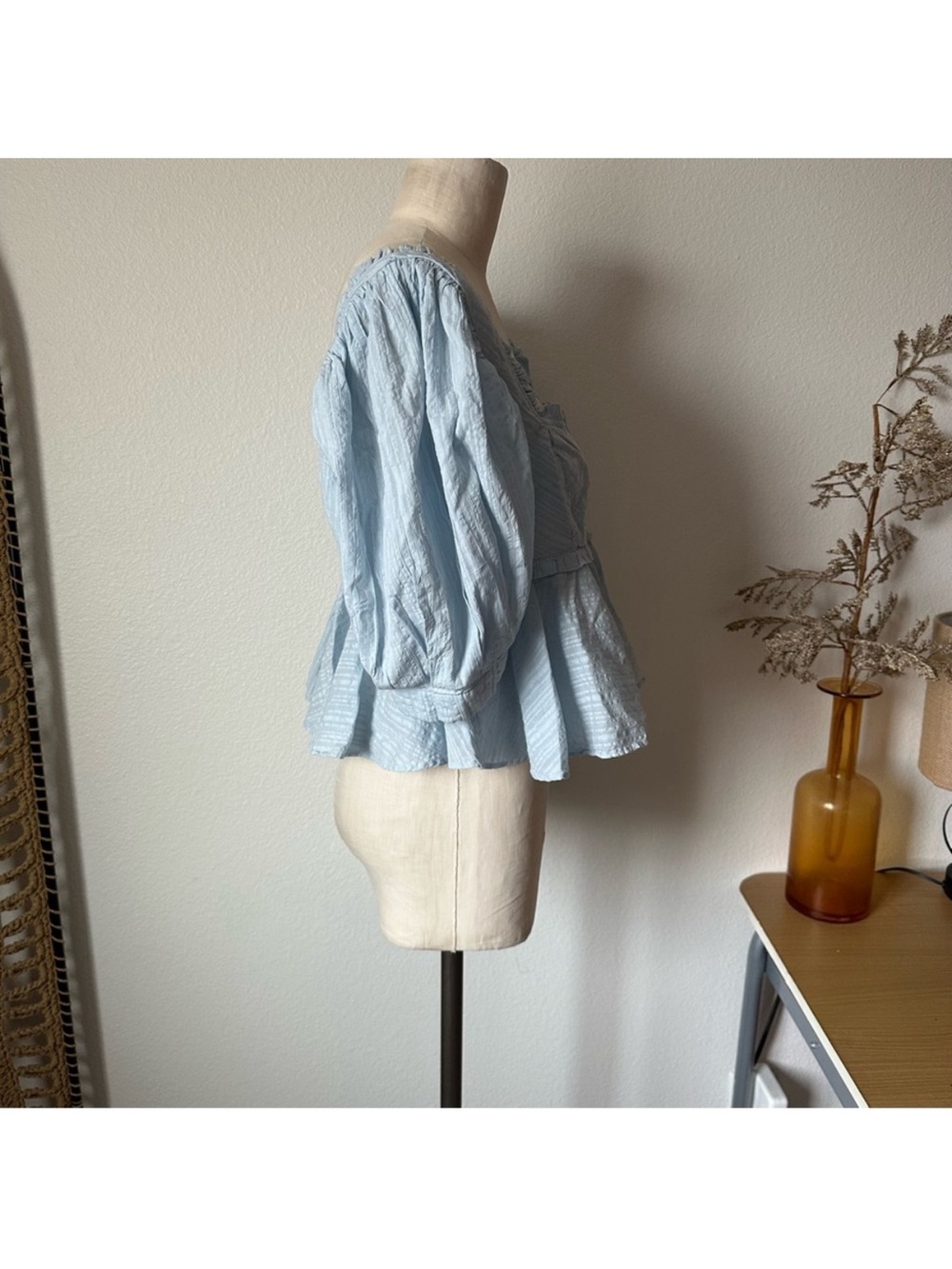 Free People Leave It To Me Babydoll Crop Square Neck Top Blue Tan size Small - Picture 5 of 7